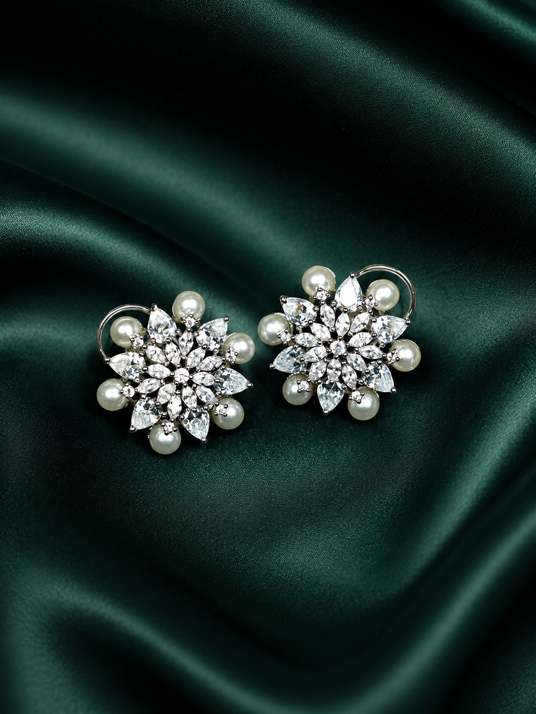 Zevar Club Rhodium-Plated Handcrafted Floral Cubic Zirconia & Pearl Stud Earrings