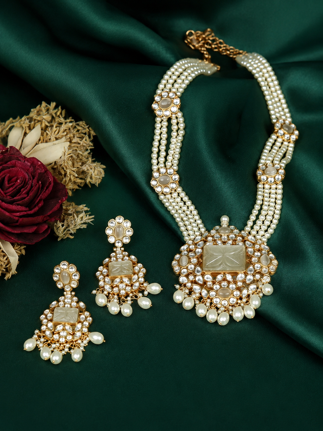 Zevar Club Handcrafted White Kundan Studded Rectangular Pendant Necklace Set with Multi-Strand White Pearl Beads & Dangling Earrings