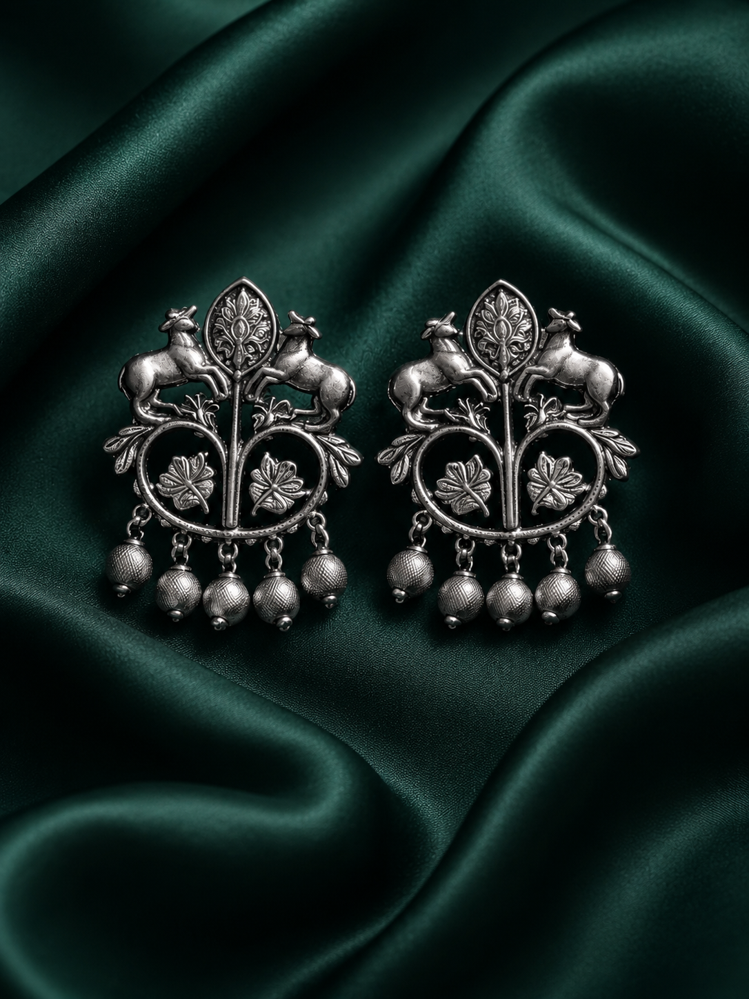 Zevar Club Oxidised Silver-Tone Cow Motif Dangler Earrings with Beads – Antique Statement Jewelry