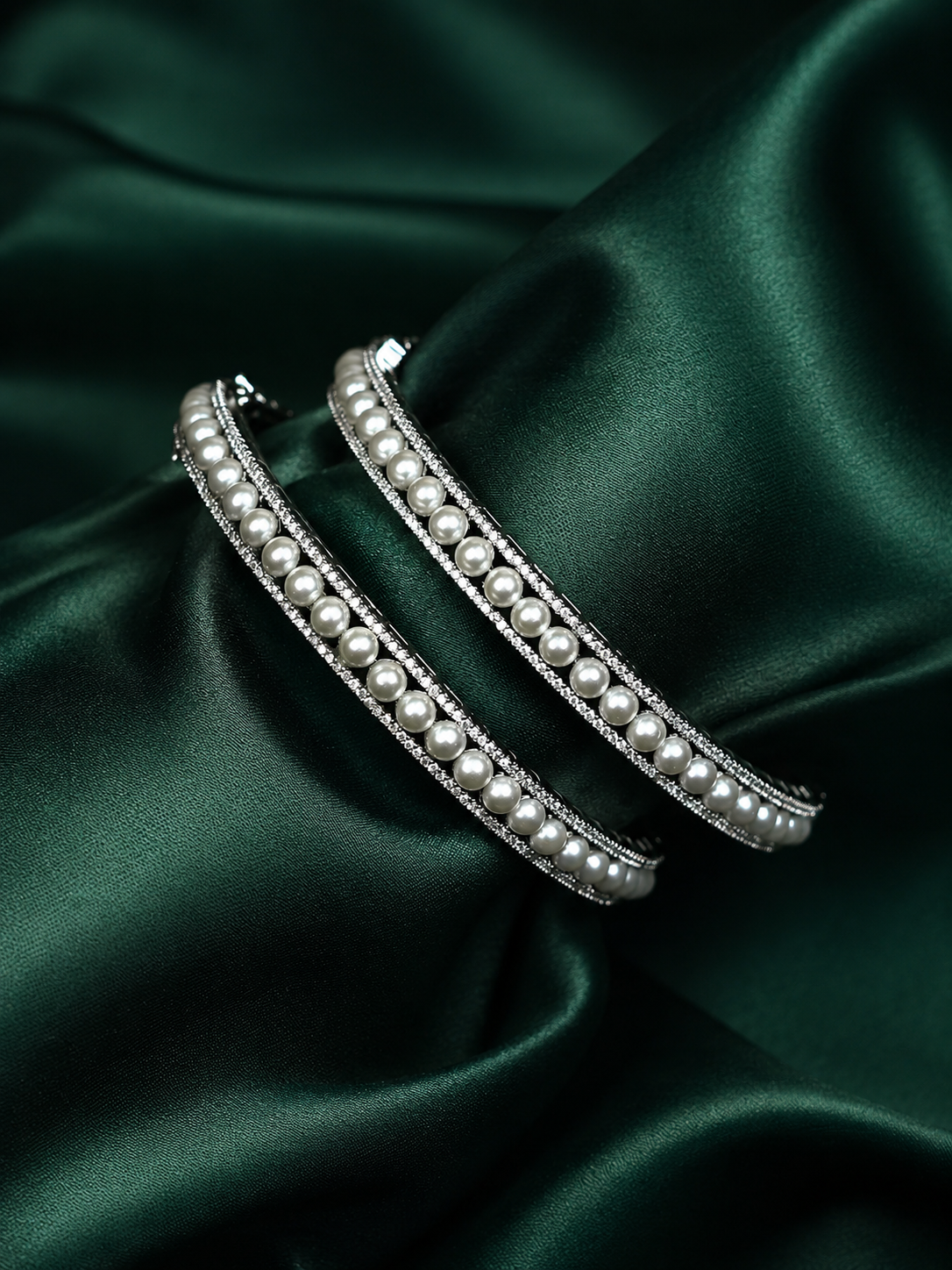 Zevar Club Set of 2 Rhodium-Plated Handcrafted Pearl Beaded & AAA Zirconia Premium Bangles