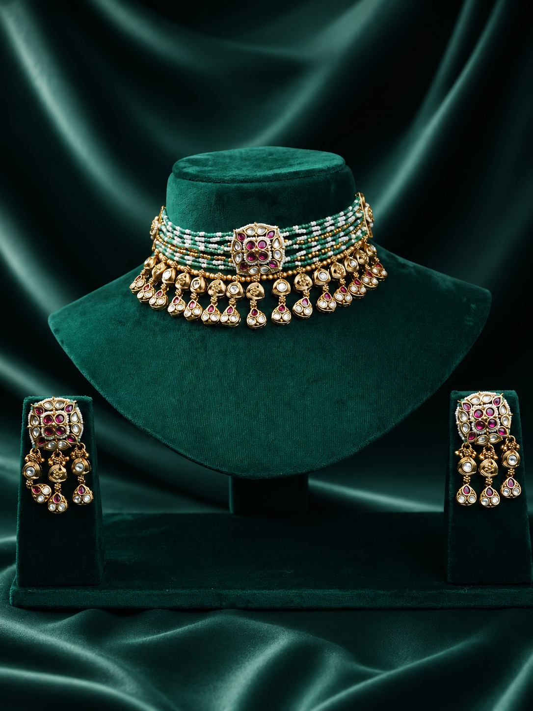 Zevar Club Gold-Tone Multi-Strand Green Beaded Ruby Pink & White Kundan Studded Royal Statement Choker Jewellery Set