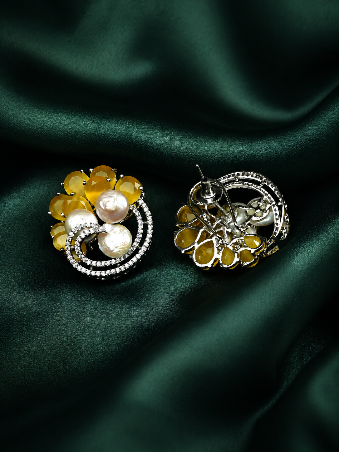 Zevar Club Rhodium-Plated Handcrafted Glossy Baroque Pearl & Yellow Crystal Cubic Zirconia Stud Earrings