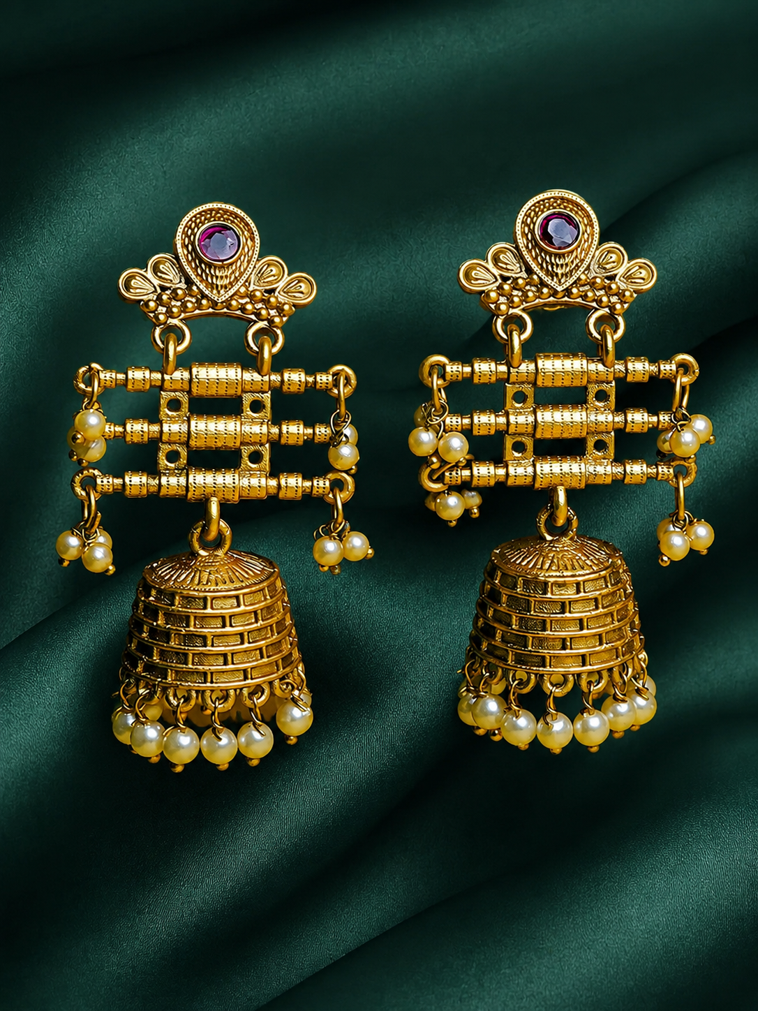 Zevar Club 18K Gold-Plated Green Kundan Studded Layered Traditional Jhumka Earrings with Pearls
