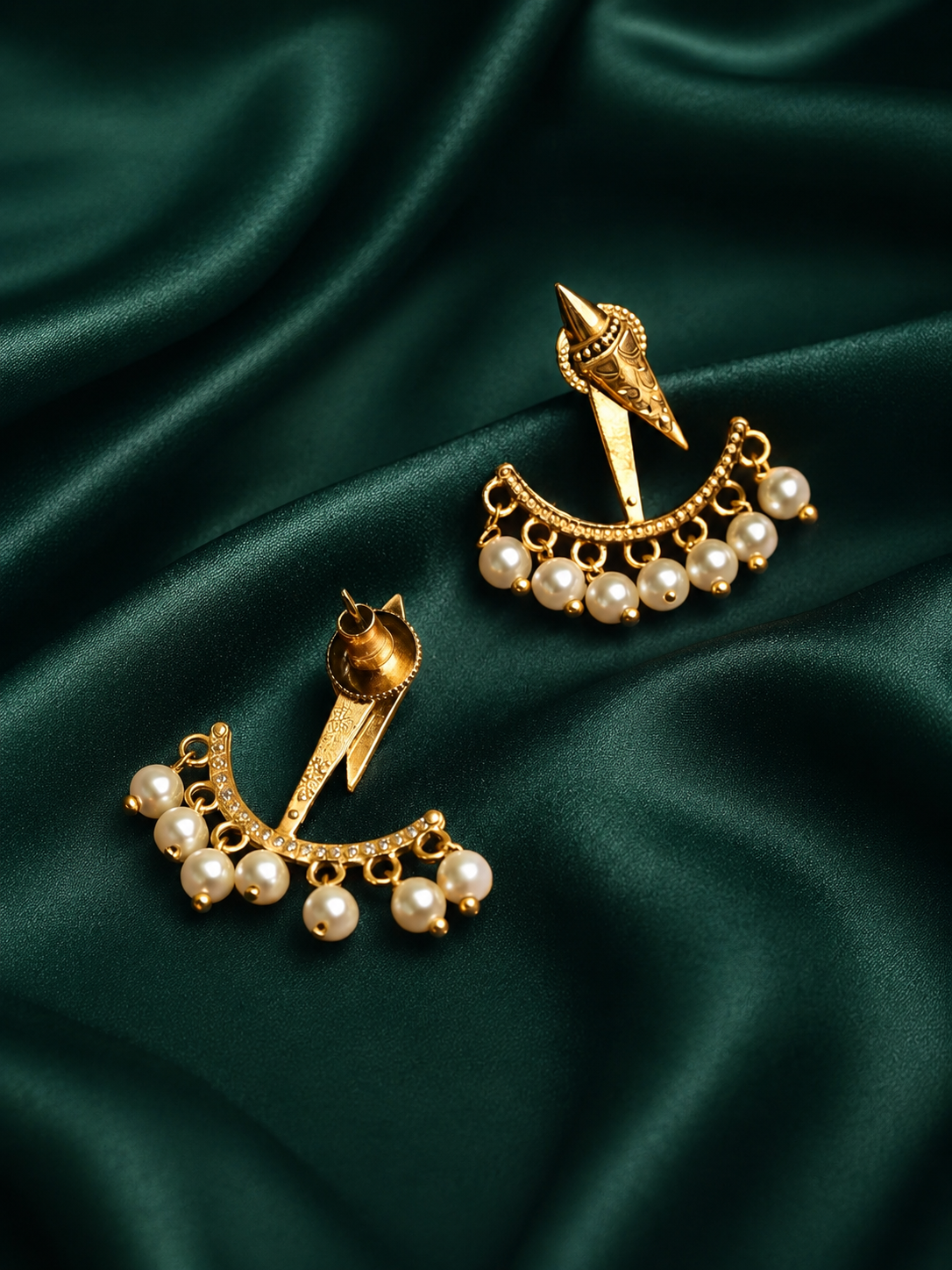 Zevar Club 18K Silver-Plated Statement Stud Earrings with Pointed Top & Cream Pear Pearl Crescent Drop