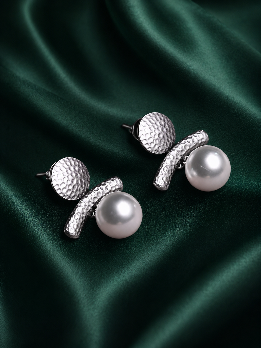 Zevar Club Silver-Toned Antique Statement Drop Earrings with Textured Bar & White Pearl Danglers