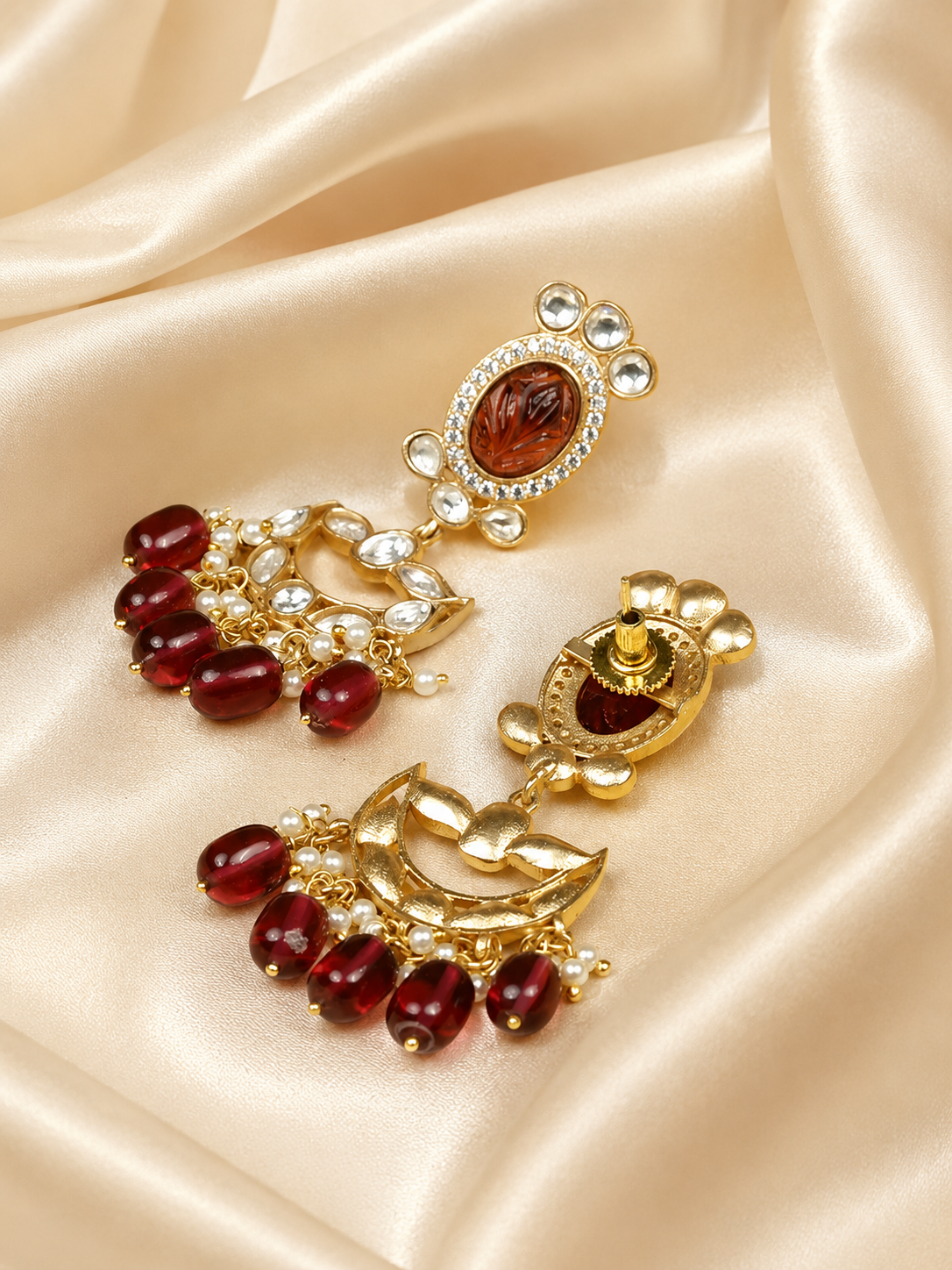 Zevar Club Maroon Beaded Choker Necklace Set with White Kundan & Maroon Stone Studded Pendant and Matching Earrings for Women