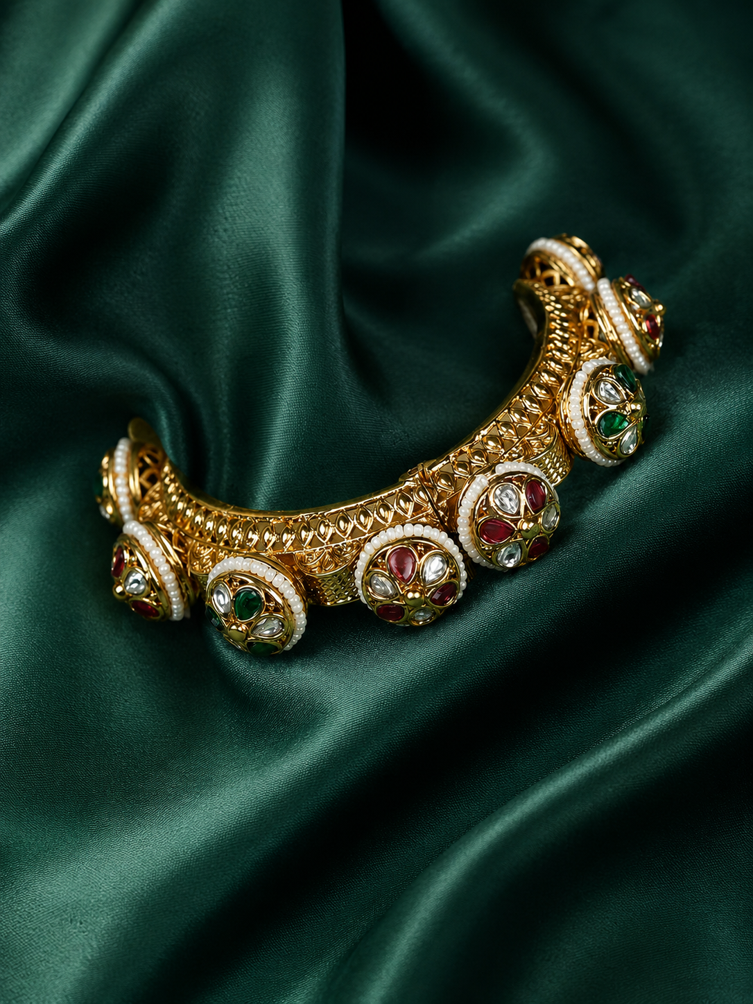 Zevar Club Set of 2 Gold Tone Royal Statement Bangles with Ruby Red Emerald Green Kundan Stones & Pearl Beaded Detailing for Women