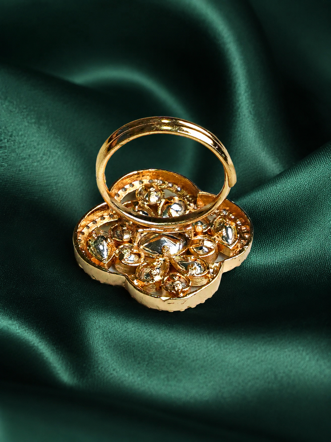 Zevar Club Gold-Toned White Kundan & Cubic Zirconia Studded Floral Adjustable Statement Ring
