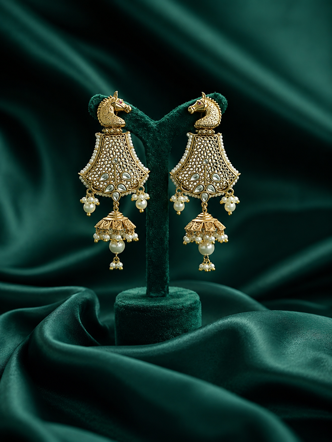 Horse Shaped Antique Gold Pearl Jhumkis