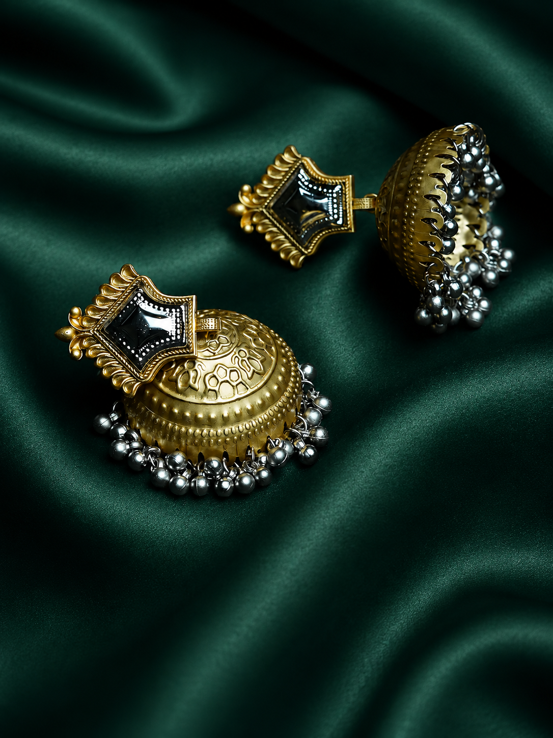 Zevar Club Oxidised Silver-Gold Tone Jhumka Earrings with Golden Beads Statement Design