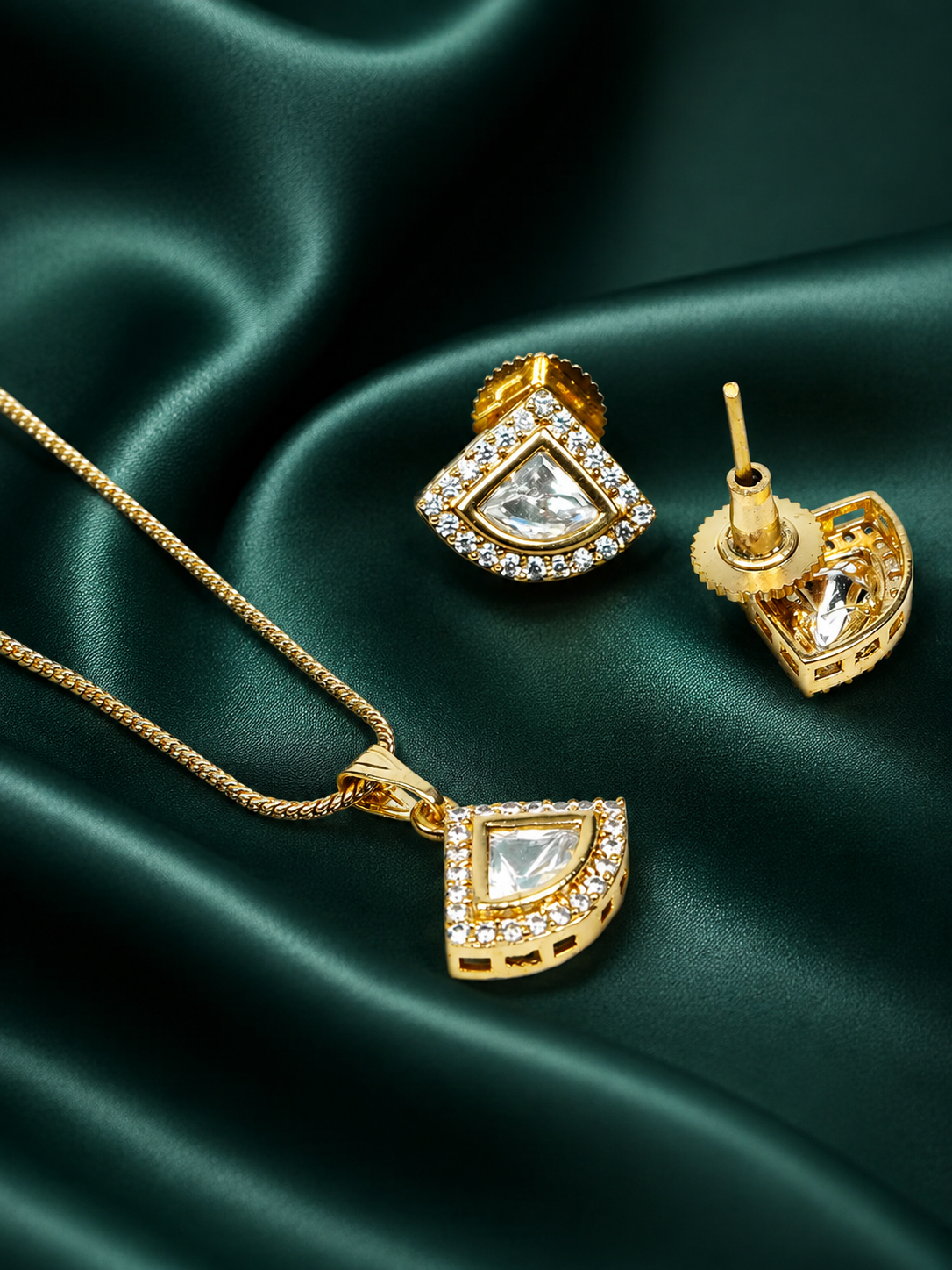 Zevar Club 22K Gold-Plated Cubic Zirconia Studded Geometric Pendant Necklace Set for Women