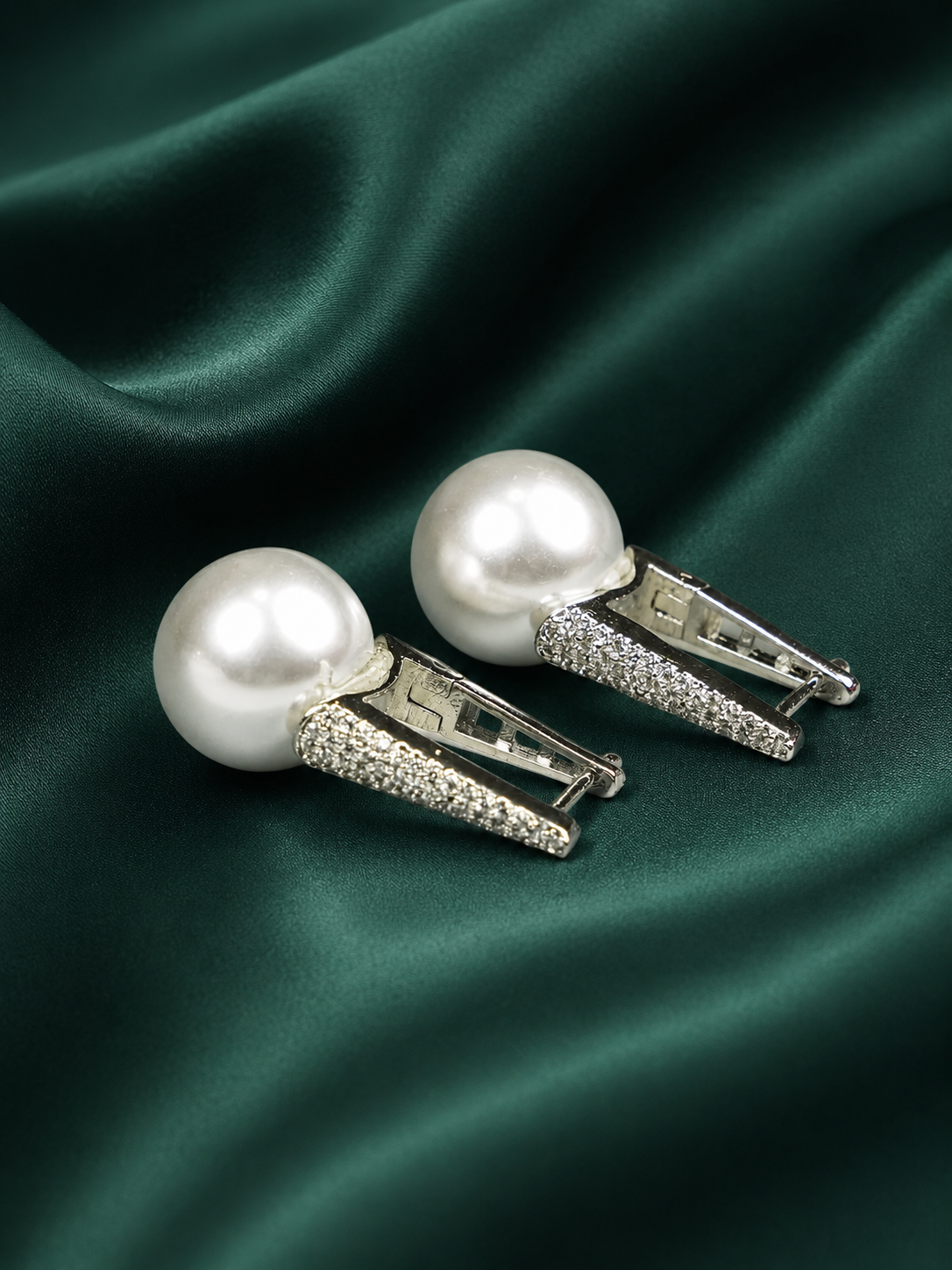 Zevar Club Rhodium-Plated Handcrafted Pointed Cubic Zirconia Top & Glossy Pearl Drop Earrings