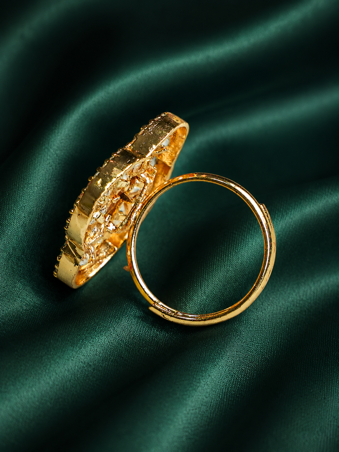 Zevar Club Gold-Toned White Kundan & Ruby Red Stone Studded Floral Adjustable Ring