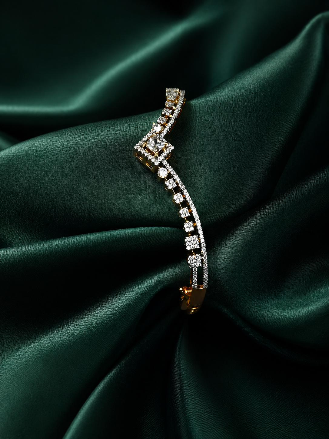 Zevar Club 22K Gold-Plated Handcrafted Zig-Zag Design AAA CZ Studded Square Motif Bracelet