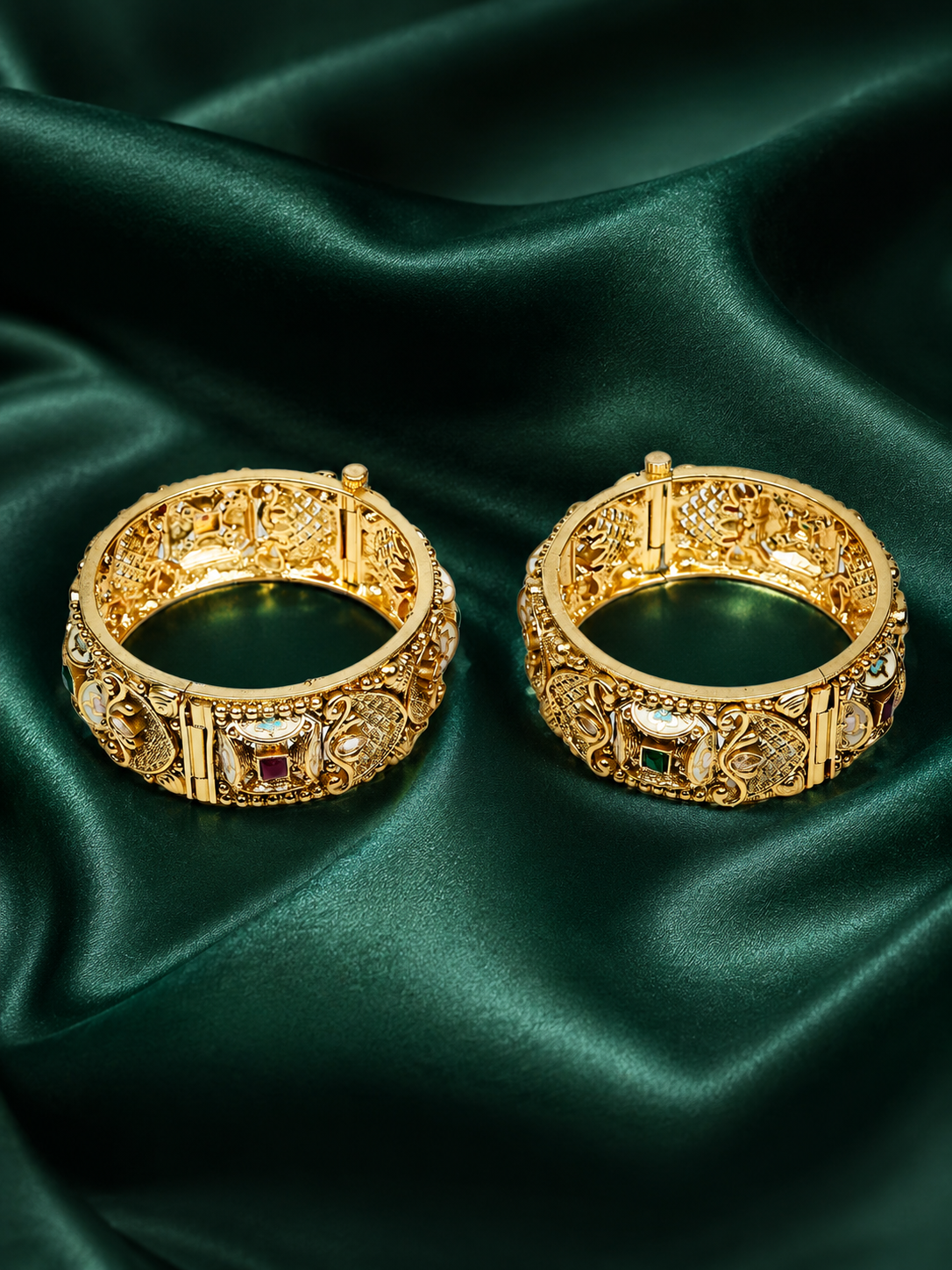 Zevar Club Set of 2 24K Gold-Plated Handcrafted Rajwadi Bangles with Ruby Red & Emerald Green Kundan Studded Floral & Embossed Motifs