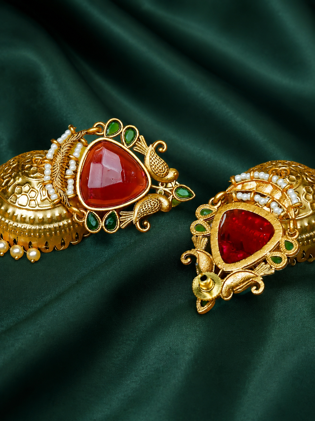 Zevar Club Brass Gold-Toned Bird Motif Ethnic Jhumka Earrings with Red Green Stones & Pearls