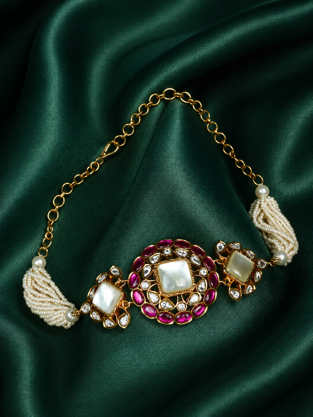 Zevar Club White Stone & Ruby Pink Studded Handcrafted Choker Necklace Set with Kundan & Pearl Beaded Detailing