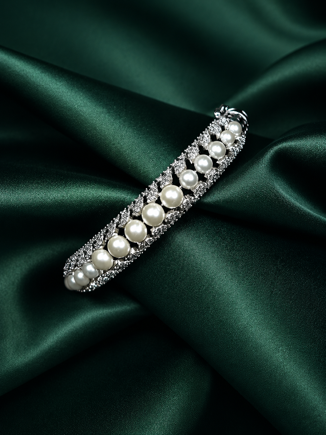 Zevar Club 22K Rhodium-Plated Handcrafted Pearl Embedded Design AAA Cubic Zirconia Studded Openable Bracelet