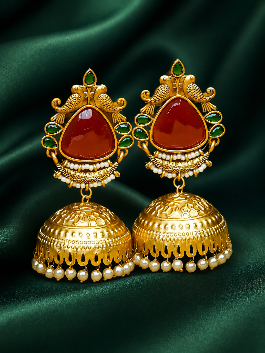 Zevar Club Brass Gold-Toned Bird Motif Ethnic Jhumka Earrings with Red Green Stones & Pearls