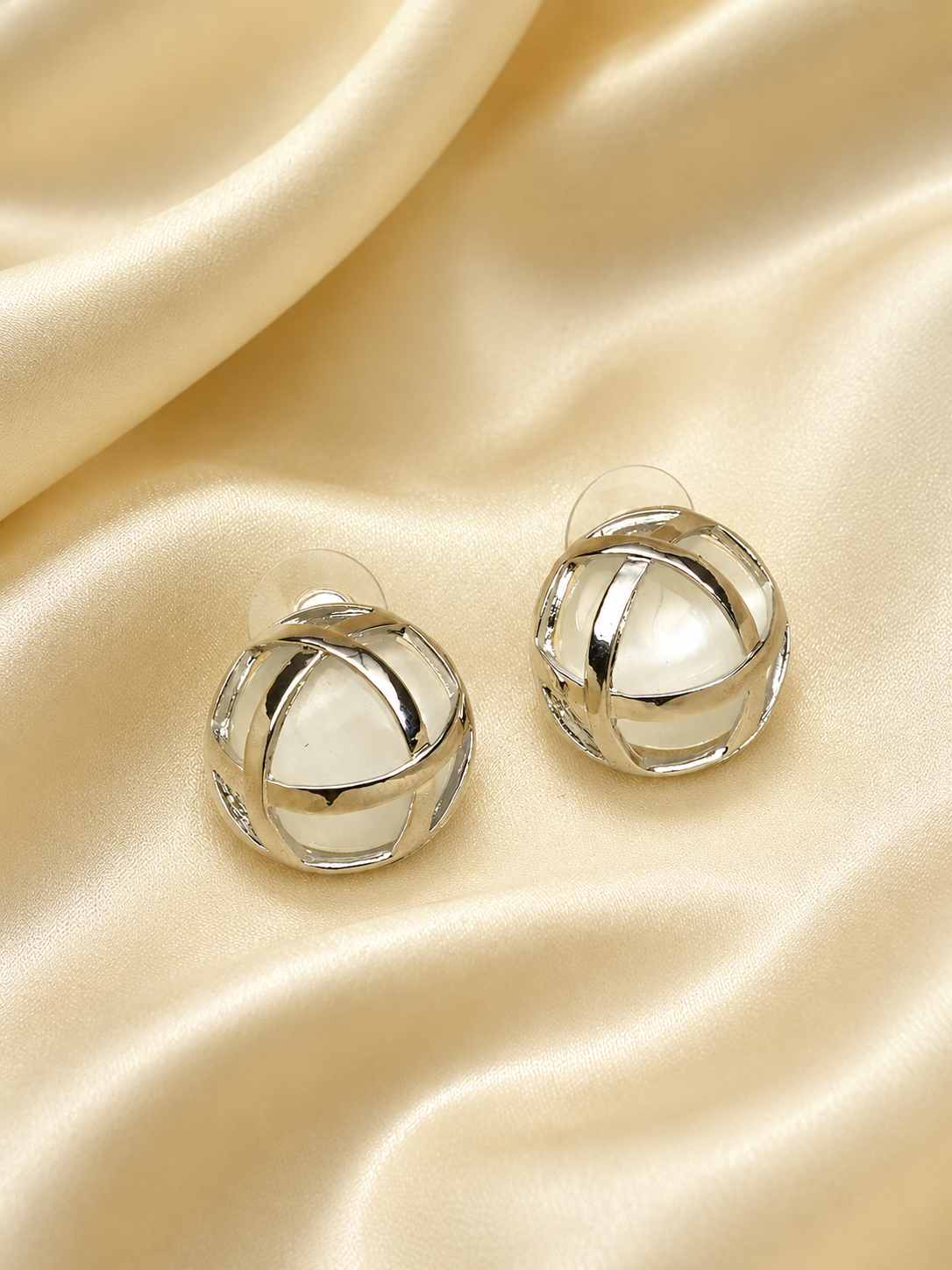 Zevar Club Silver Tone Dome-Shaped Criss-Cross Stud Earrings with White Pearl Accents for Women