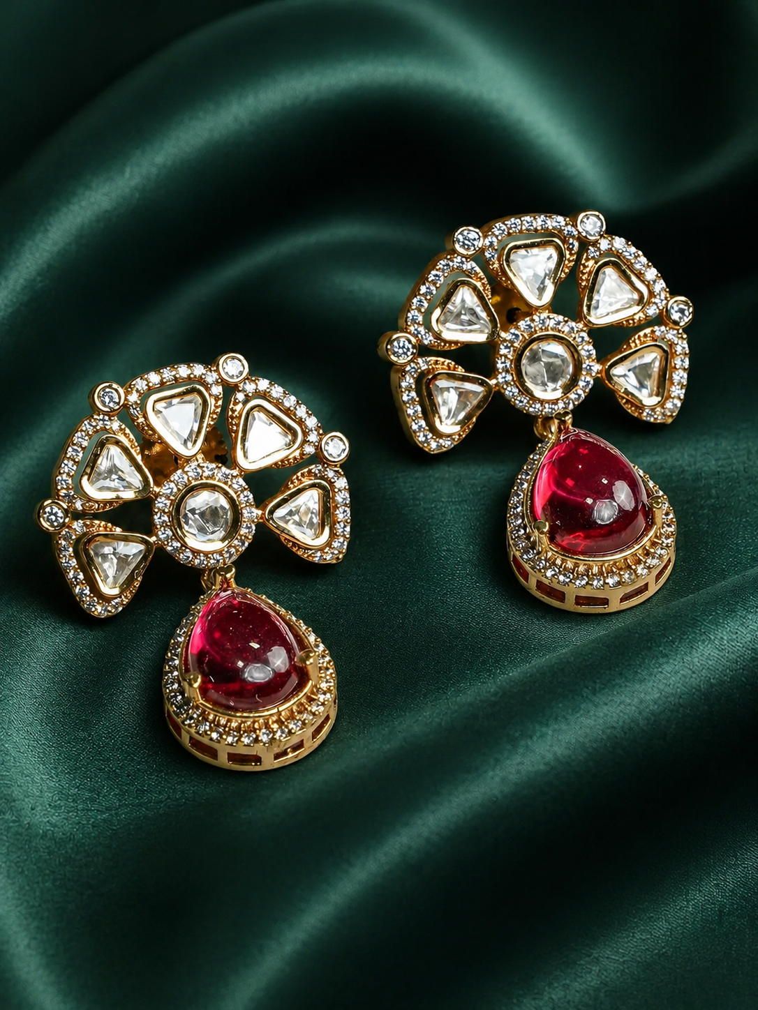 Zevar Club 12K Gold-Plated Raani Ruby Kundan Diamond Drop Earrings