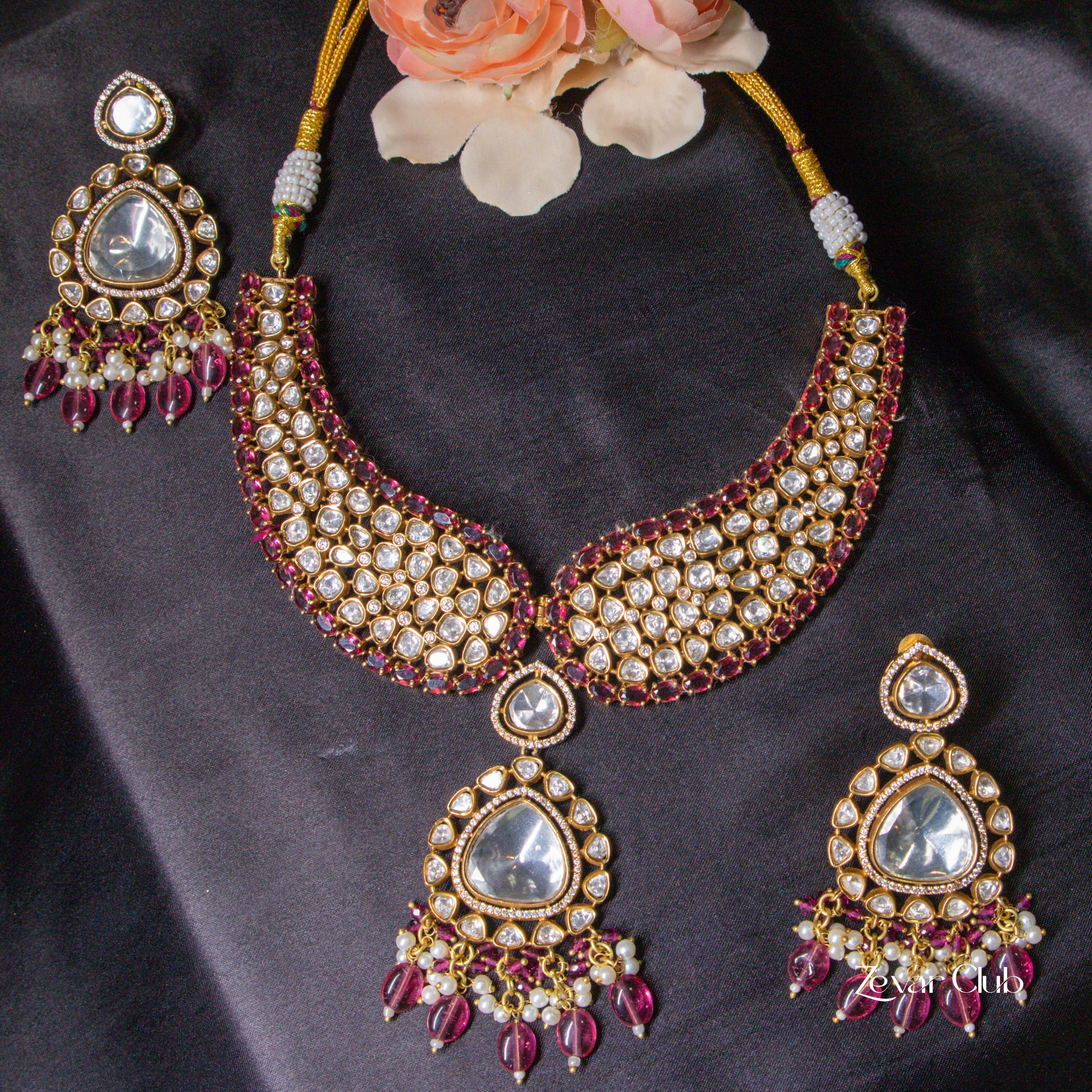 Zevar Club Uncut Chic Collar Shaped Red Victorian Set( 18K Gold Plated)