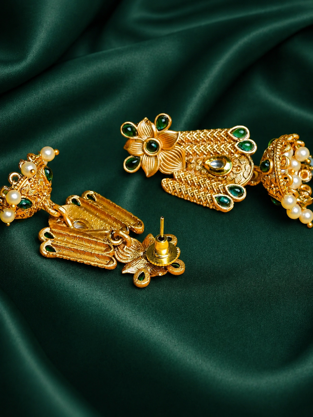 Zevar Club 18K Gold-Plated Green Kundan Stone Studded Floral Drop Earrings with Pearl Jhumka