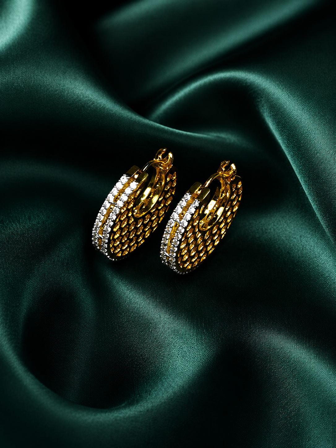 Zevar Club 22K Gold-Plated Marquise Cubic Zirconia Studded Demi-Fine Textured Hoop Earrings