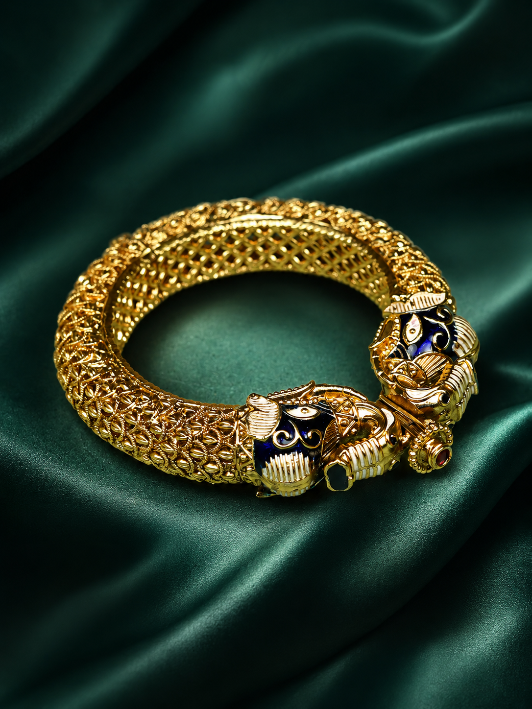 Zevar Club Set of 2 22K Gold-Plated Handcrafted Panther-Head Bangles with Blue Enamel & Black Stone Accents for Women
