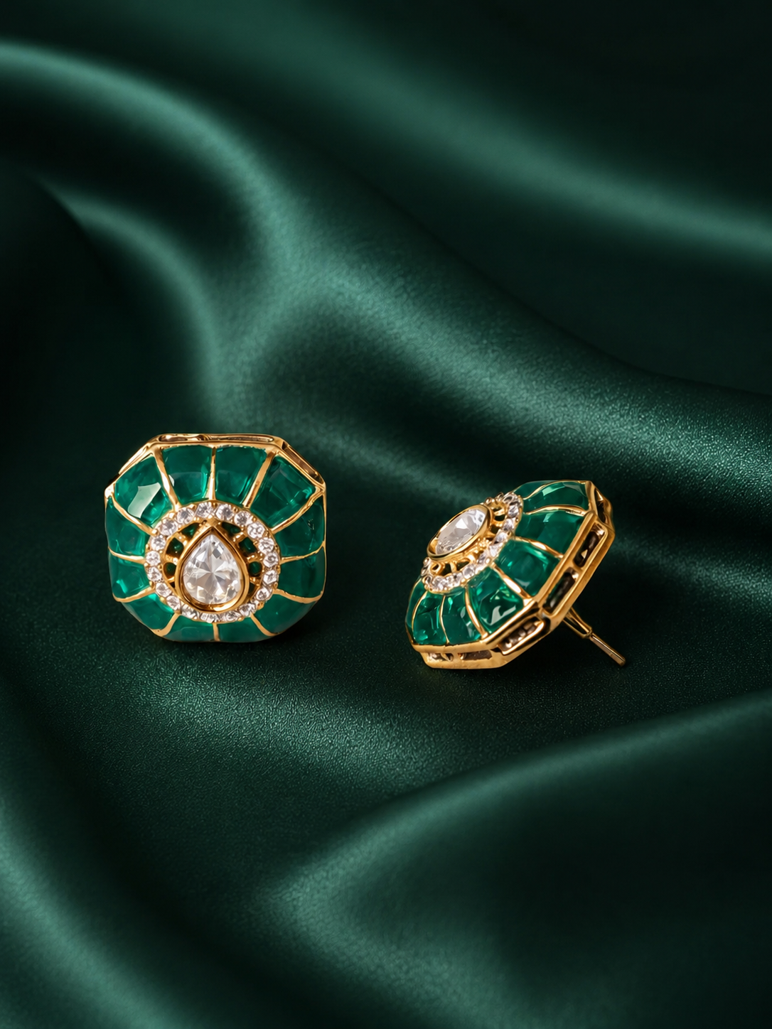 Zevar Club Emerald Green Gold Plated Statement Kundan Stud Earrings
