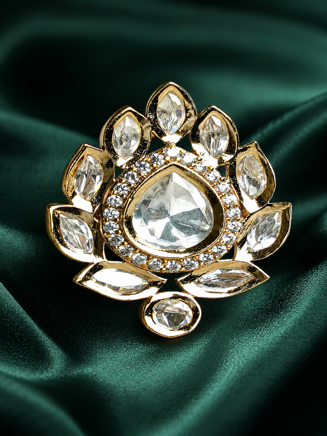 Zevar Club Gold-Toned White Kundan & Cubic Zirconia Studded Leaf Motif Adjustable Statement Ring