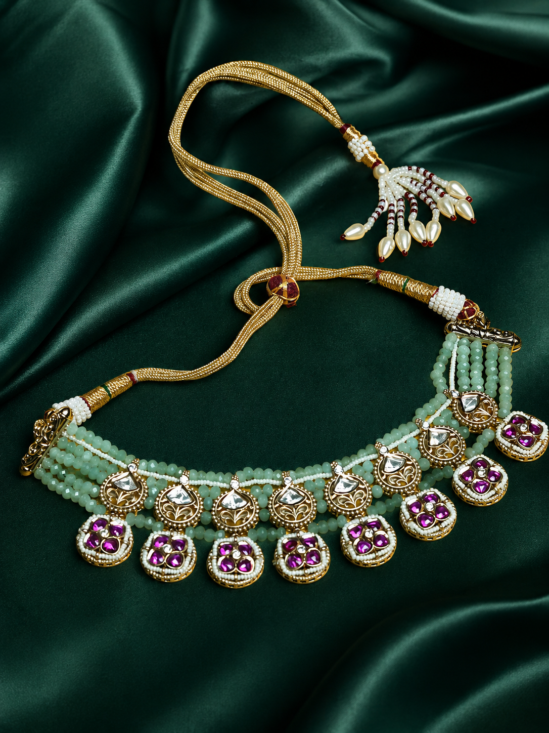 Zevar Club 22K Gold-Plated Aqua Blue Beaded & Purple Floral Kundan Statement Necklace Set