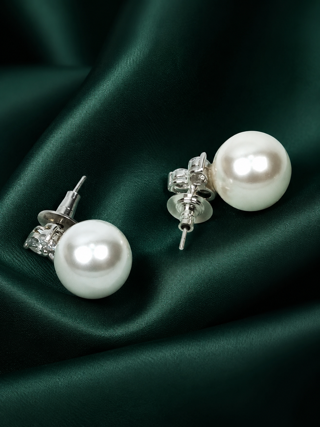 Zevar Club Rhodium-Plated Handcrafted Cubic Zirconia & White Pearl Stud Earrings