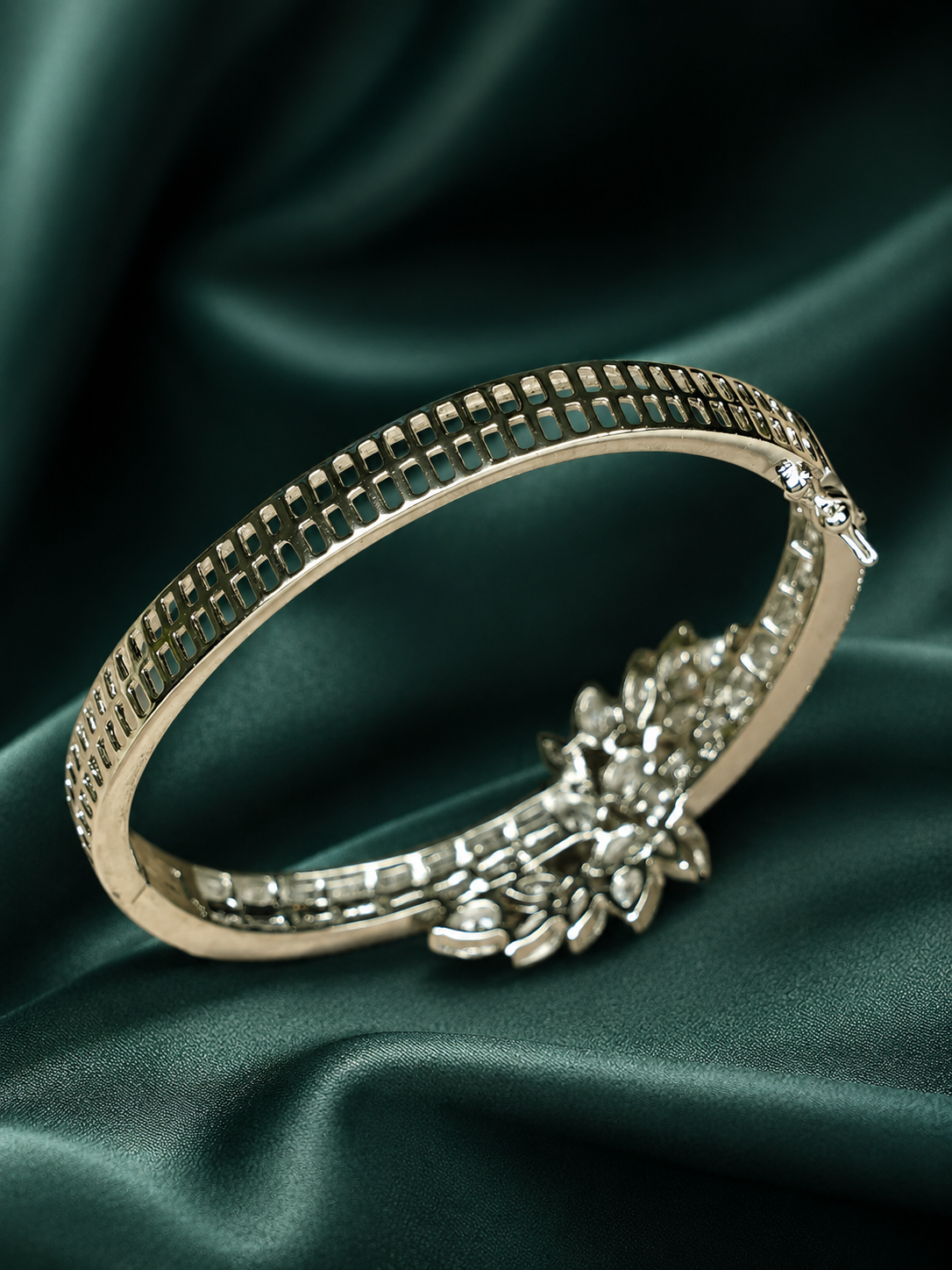 Zevar Club 22K Gold-Plated Floral Cluster Handcrafted AAA CZ Studded Baguette-Lined Openable Bracelet