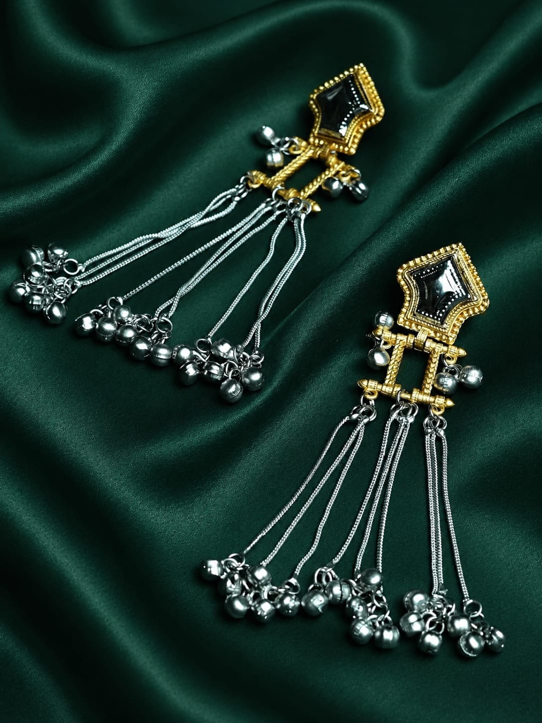 Zevar Club Oxidised Gold & Silver Long Chain Shoulder Duster Earrings with Black Enamel Top