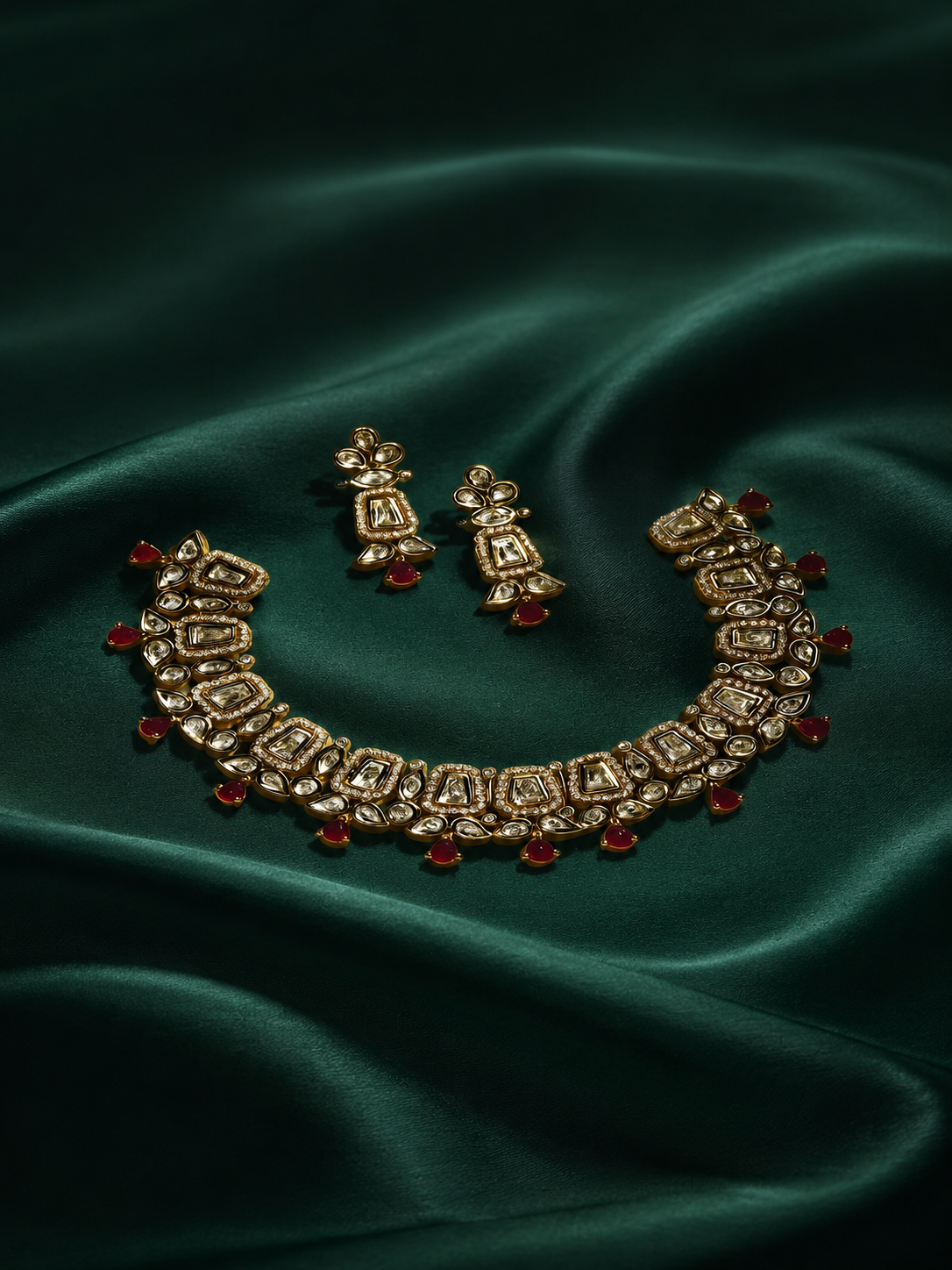 Zevar Club 22K Gold-Plated White Kundan & Ruby Pink Stone Studded Cubic Zirconia Accents Bridal Statement Necklace Set