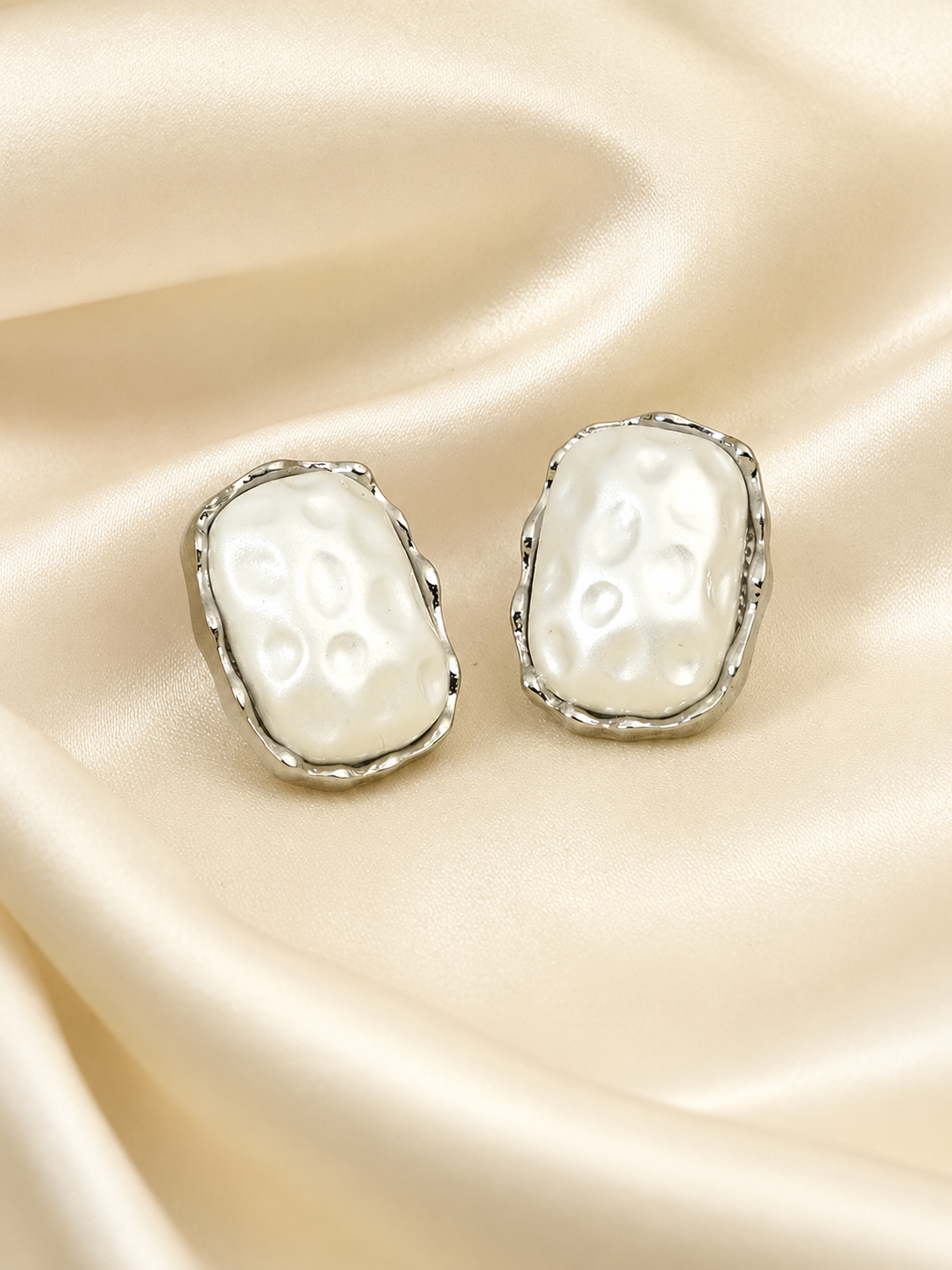 Zevar Club Silver Tone White Pearl-Textured Sculpted Frame Stud Earrings for Women