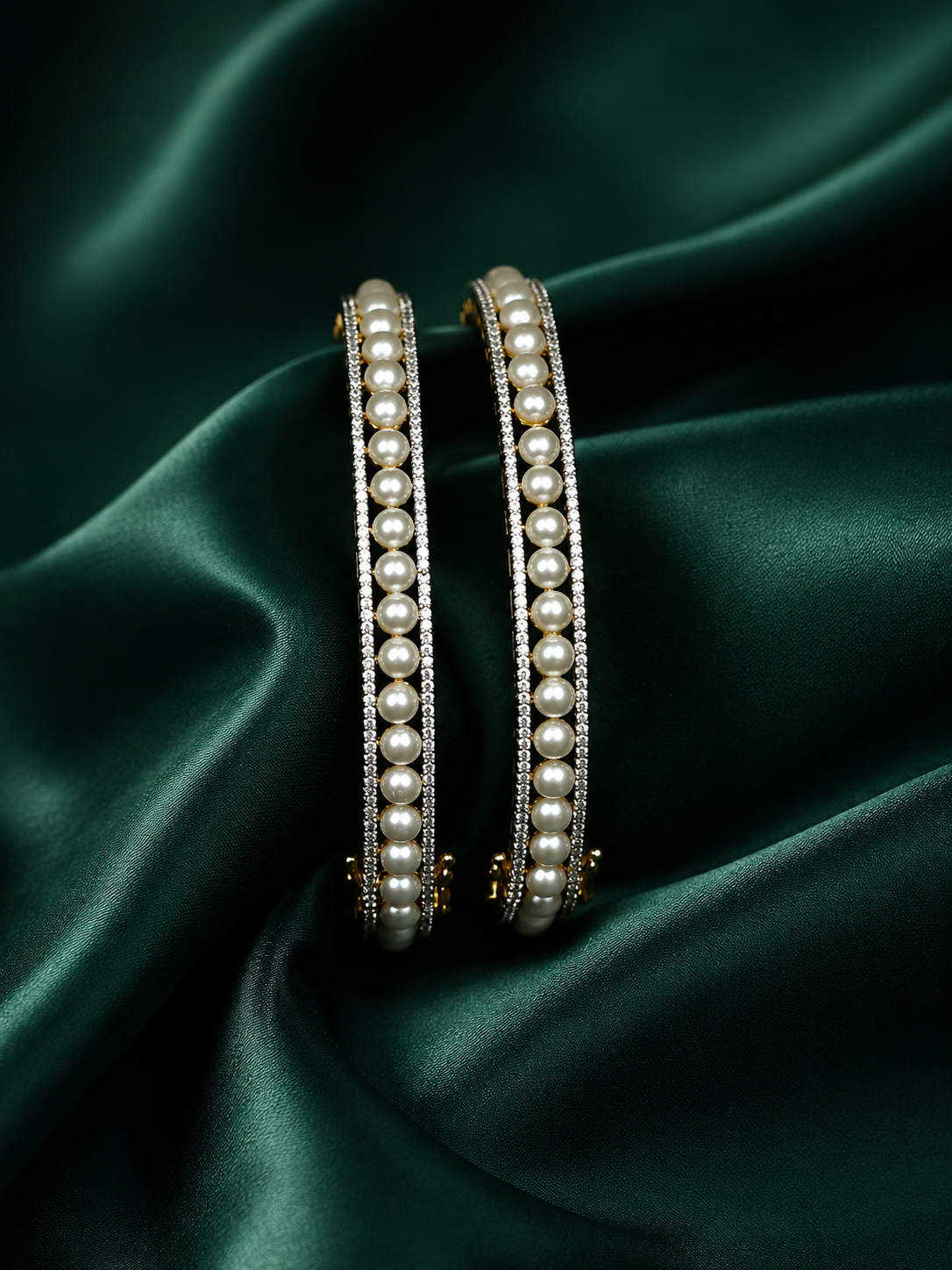 Zevar Club Set of 2 22K Gold-Plated Handcrafted Pearl Beaded & AAA Cubic Zirconia Studded Premium Bangles