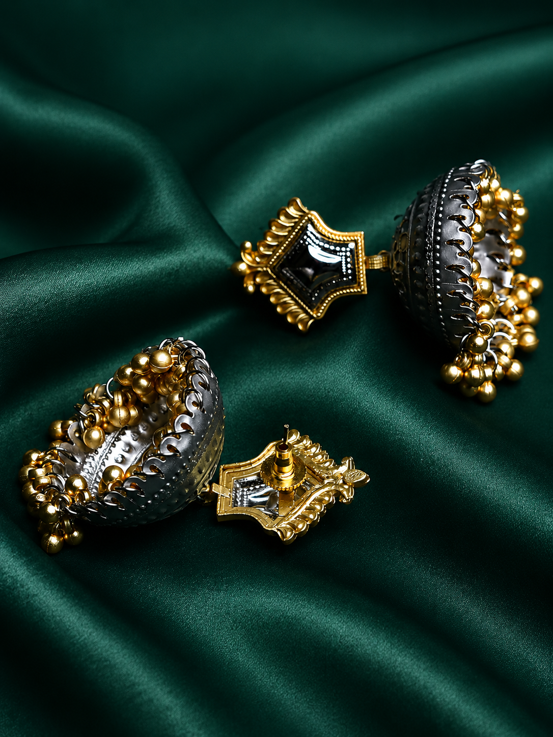 Zevar Club Oxidised Silver-Gold Tone Jhumka Earrings with Silver Beads Statement Design