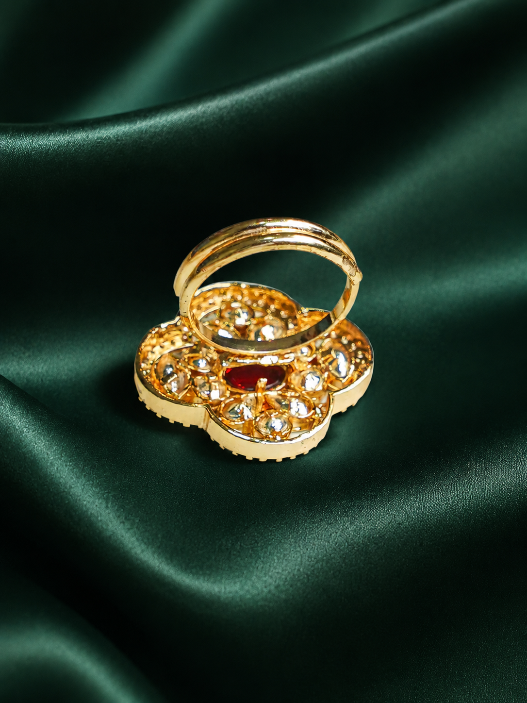 Zevar Club Gold-Toned White Kundan & Ruby Red Stone Studded Floral Adjustable Ring