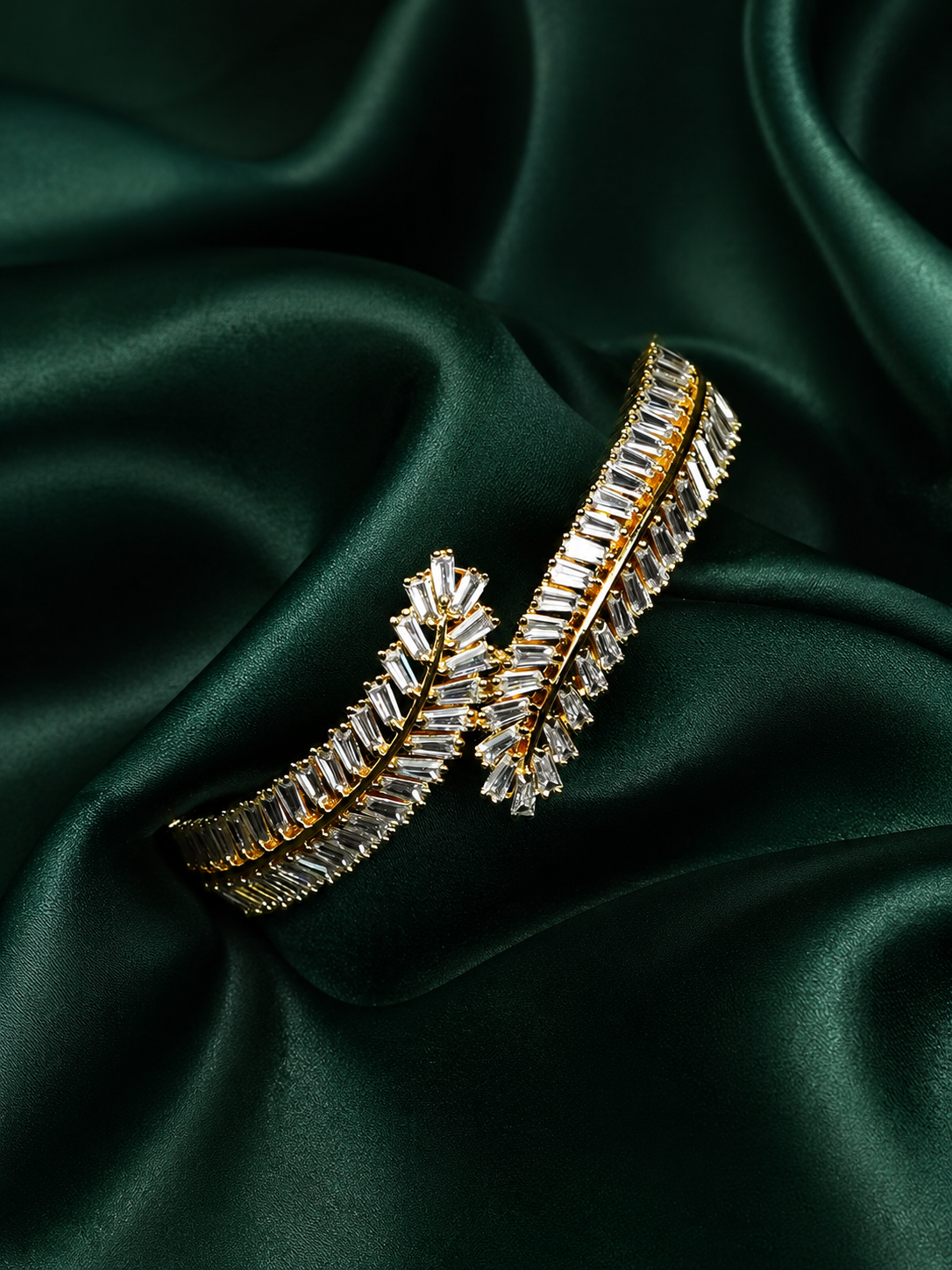 Zevar Club 22K Gold-Plated Handcrafted Leaf Cluster Design AAA Cubic Zirconia Studded Openable Bracelet