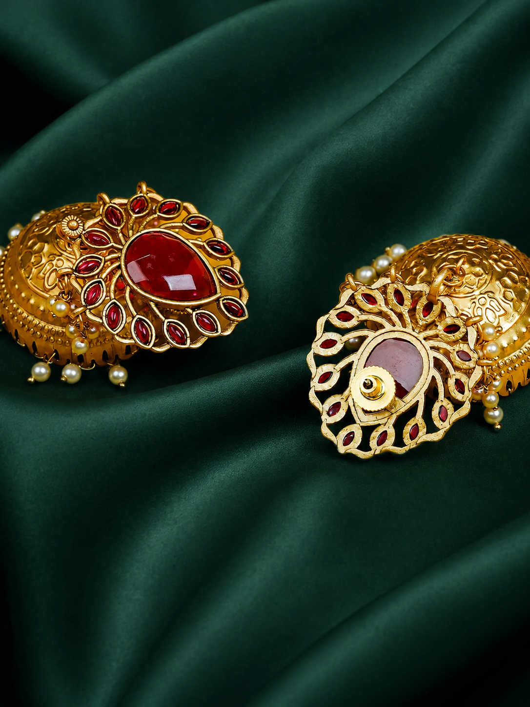 Zevar Club 22K Gold-Plated Ruby Green Stone Studded Jhumka Earrings with Pearl Drops