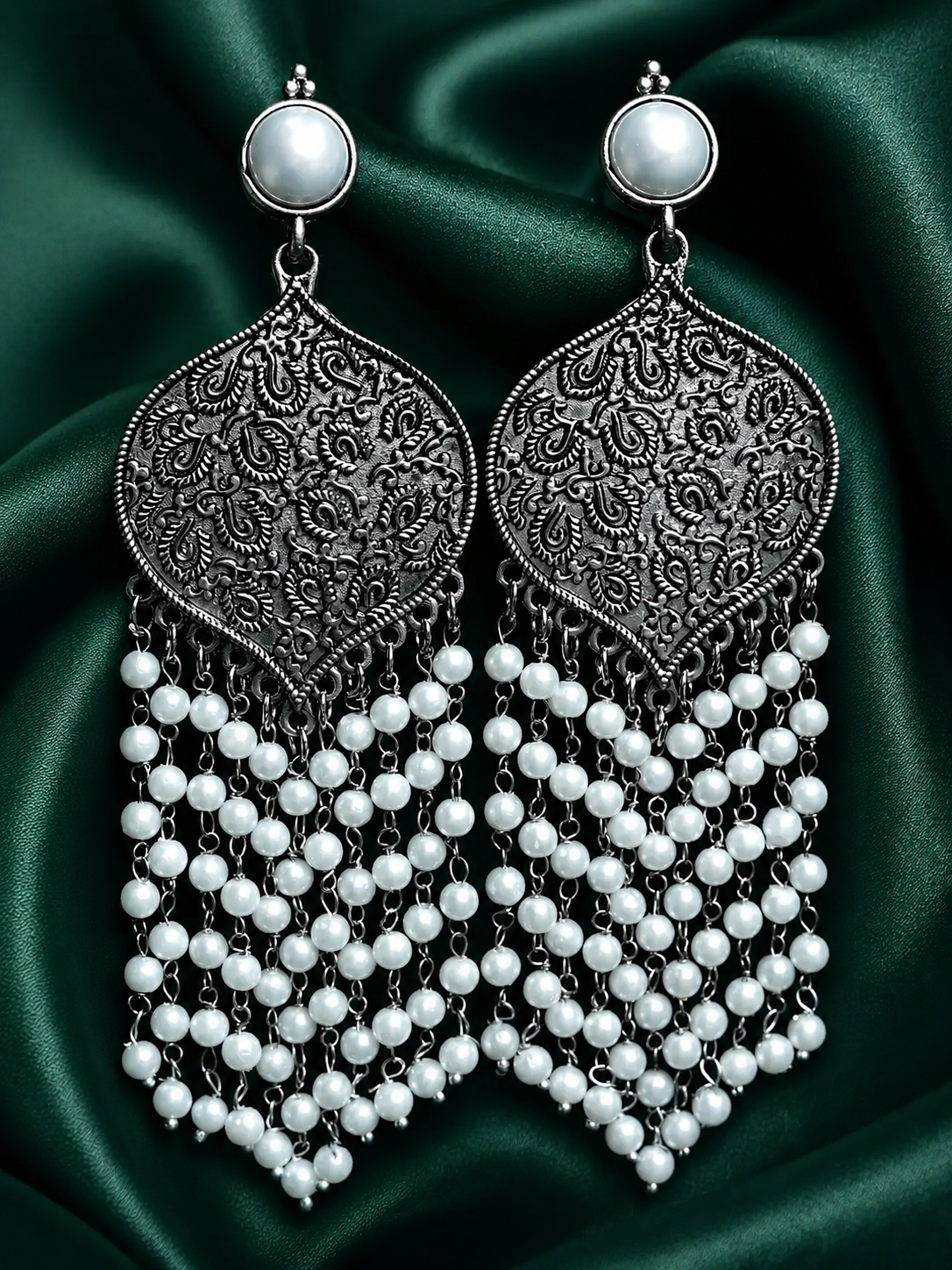 Zevar Club Oxidised Silver-Toned Statement Chandelier Earrings with Multilayer Pearl Beads