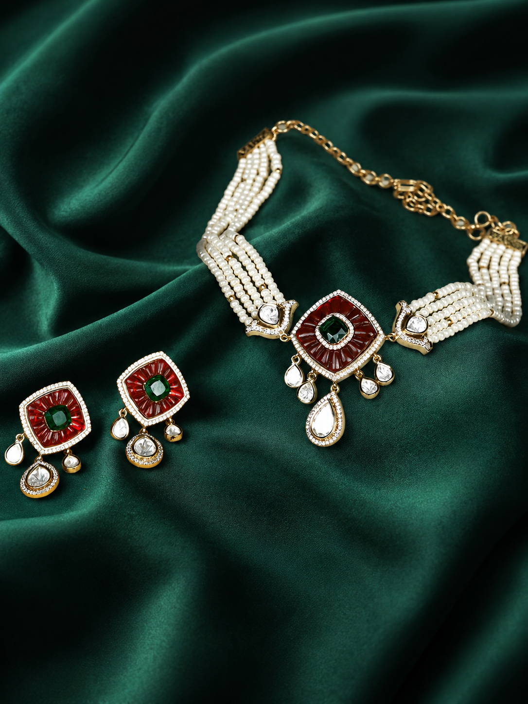 Zevar Club Emerald Green Stone & White Kundan Studded Handcrafted Choker Necklace Set with White Pearl Beaded Strands