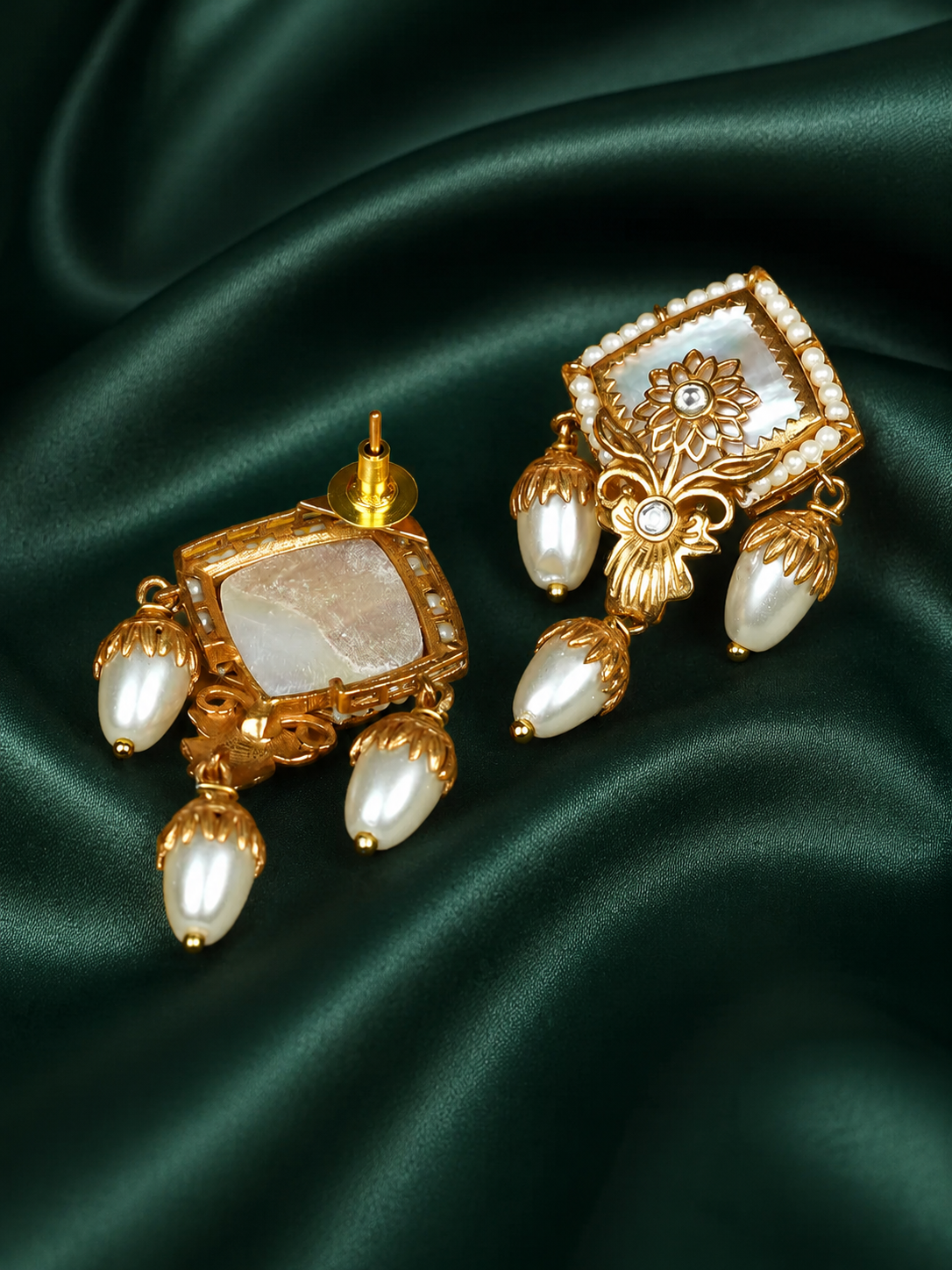 Zevar Club Handcrafted White Stone & Pearl Beaded Floral Engraved Square Pendant Necklace Set with Drop Earrings