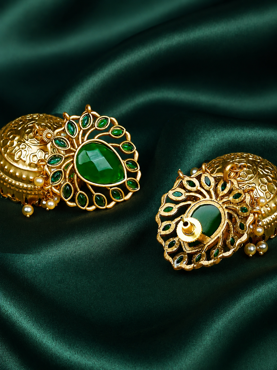 Zevar Club 22K Gold-Plated Ruby Green Stone Studded Jhumka Earrings with Pearl Drops