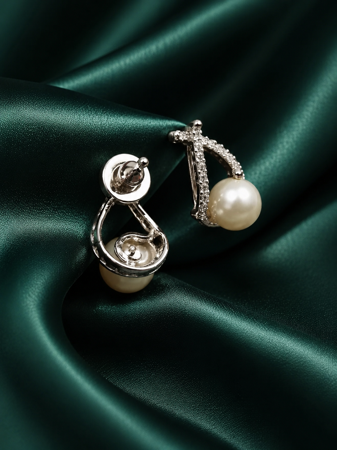 Zevar Club Rhodium-Plated Handcrafted Cubic Zirconia & White Pearl Loop Stud Earrings
