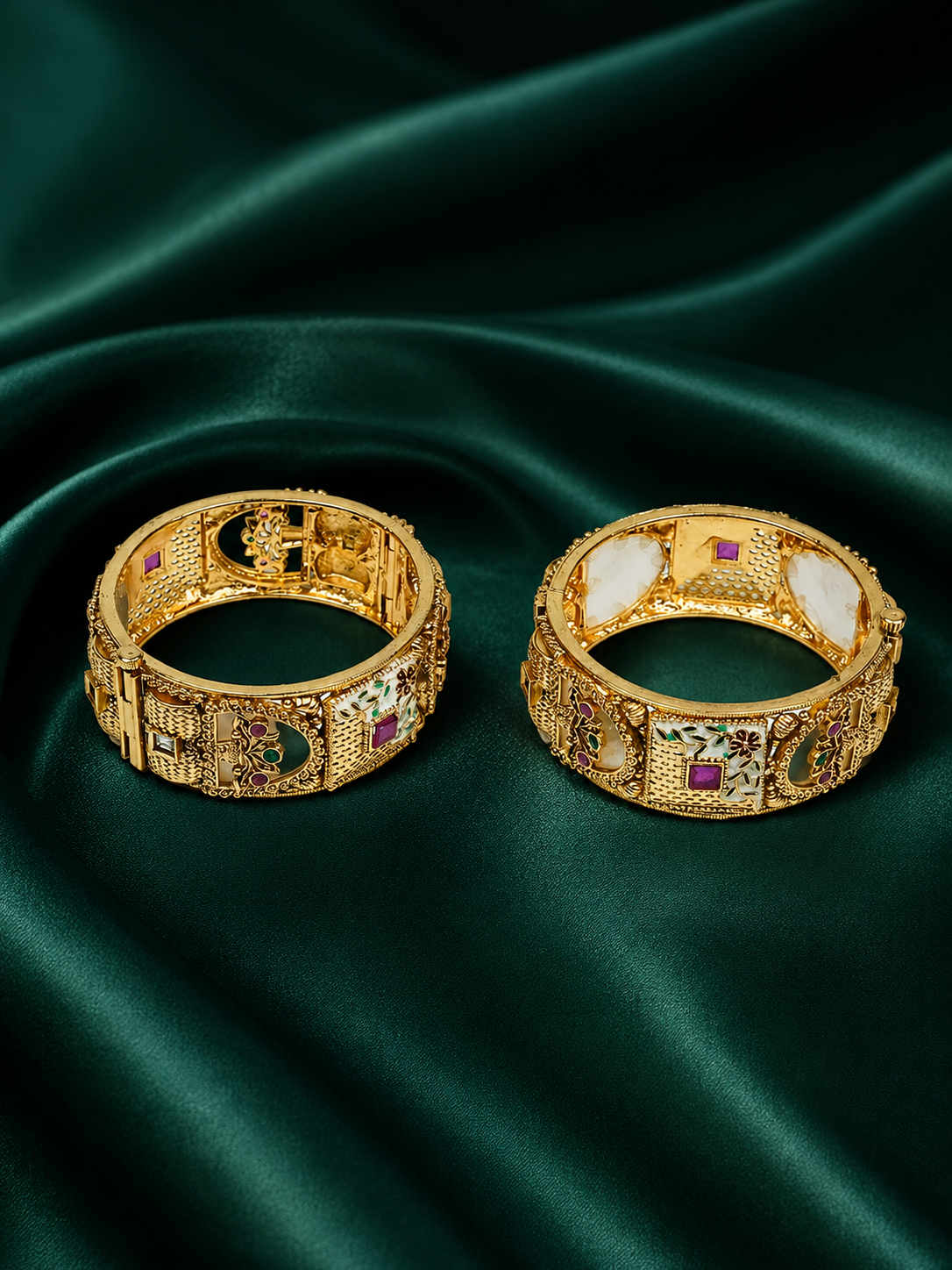 Zevar Club Set of 2 22K Gold-Plated Handcrafted Rajwadi Bangles with Ruby Pink & Emerald Green Kundan Studded Elephant Motifs