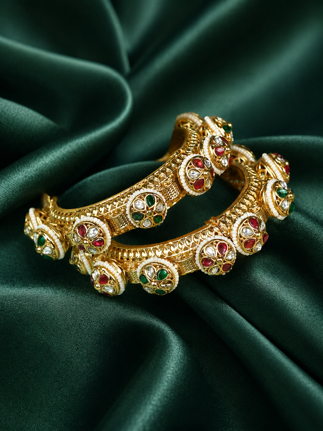 Zevar Club Set of 2 Gold Tone Royal Statement Bangles with Ruby Red Emerald Green Kundan Stones & Pearl Beaded Detailing for Women