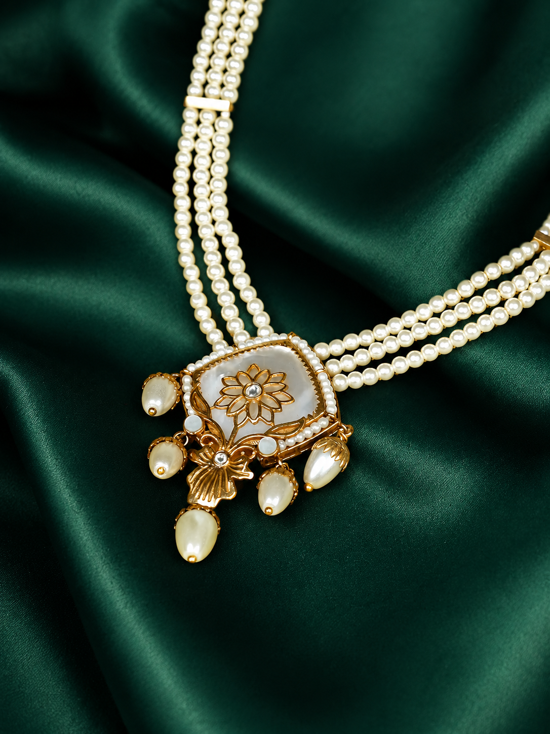 Zevar Club Handcrafted White Stone & Pearl Beaded Floral Engraved Square Pendant Necklace Set with Drop Earrings